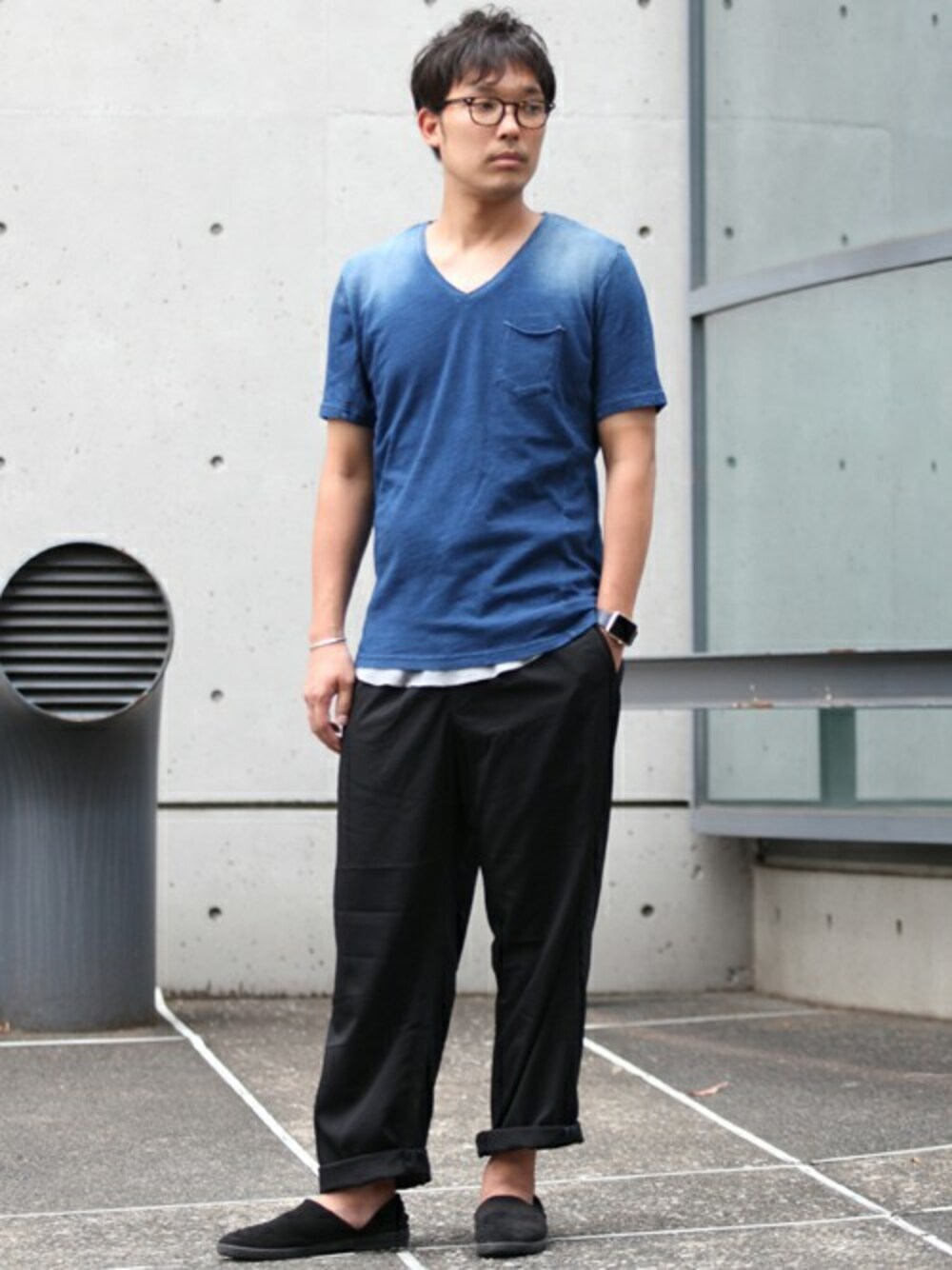 「Tシャツ、ワイドパンツ、VADEL、メンズメルローズ、段染め、山下健二郎、MEN'SMELROSE、VADELtokyo、北原哲夫」｜「vadel tokyoのVADEL tokyo×MEN'SMELROSE BLACK&BLUE DENIM T VSI-702M（Tシャツ/カットソー、ブルー系）」を使った、キンシさん（メンズ・177cm）の夏コーディネートの1枚目の写真