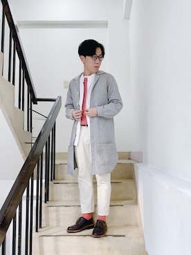 「plain-me（プレインミー）のアイテム（ピーコート）」を使った、Jin Huangさん（メンズ・162cm）の春コーディネート