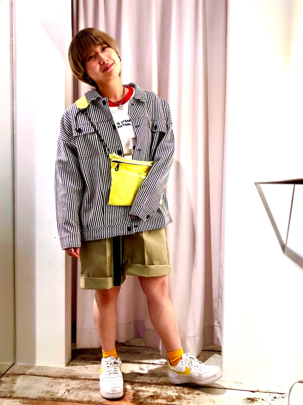 「ボーイッシュ、Dickies、フェスコーデ、ヒッコリー、オーバーサイズ、ハーフパンツ、リンガーTシャツ、doublename」｜「DOUBLE NAMEのアイテム（ブルゾン、ブルー系）」を使った、よっさんさん（レディース・153cm）の春コーディネートの1枚目の写真