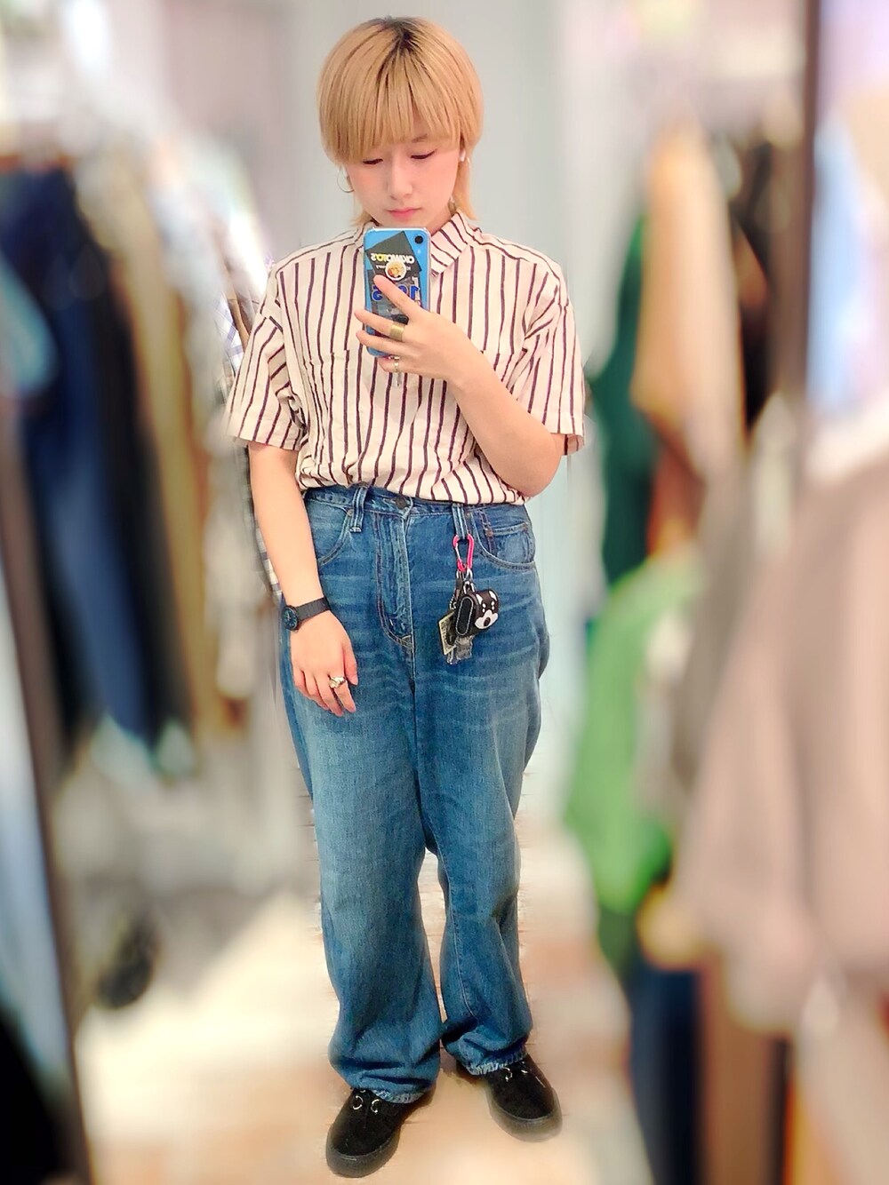 「カジュアル、VANS、ハーフジップ、ワークシャツ、ストライプ、ボーイッシュ、おしゃれさんと繋がりたい、低身長コーデ」｜「RNAのアイテム（デニムパンツ、ブルー系）」を使った、よっさんさん（レディース・153cm）の夏コーディネートの1枚目の写真
