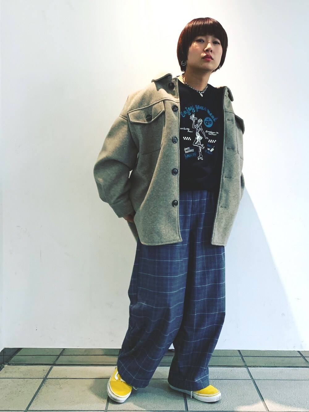 「CPOジャケット、チェックパンツ、プルオーバー、ボーイズライク、ボーイッシュ、ストリートカジュアル、VANS」｜「DOUBLE NAMEのアイテム（ジャケット/アウター、ブラウン系）」を使った、よっさんさん（レディース・153cm）の冬コーディネートの1枚目の写真