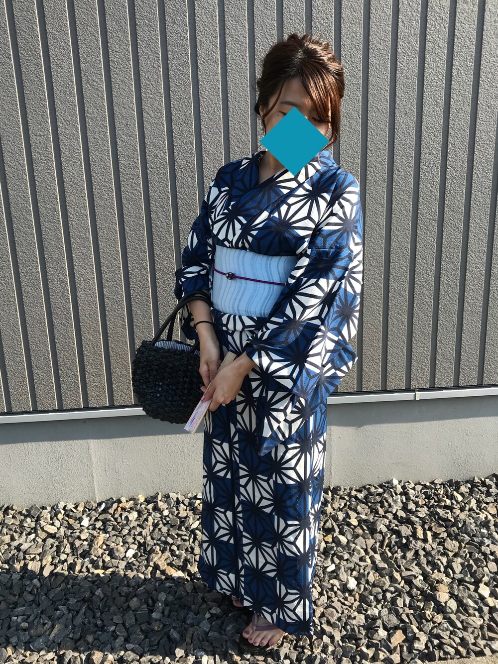 「no brandのアイテム（浴衣、ブルー系）」を使った、さやんさん（レディース・157cm）の夏コーディネートの1枚目の写真