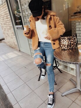 「DHOLIC（ディーホリック）のアイテム（キャスケット）」を使った、chikaさん（レディース・158cm）の冬コーディネート