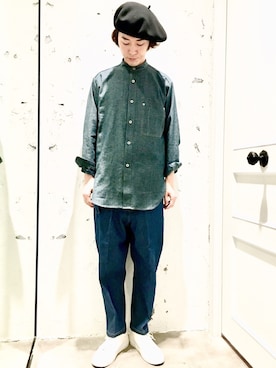 「Johnbull Private labo（ジョンブルプライベートラボ）のアイテム（ハンチング/ベレー帽）」を使った、J2さん（メンズ・180cm）の春コーディネート