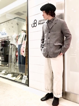 「Johnbull Private labo（ジョンブルプライベートラボ）のアイテム（ハンチング/ベレー帽）」を使った、J2さん（メンズ・180cm）の春コーディネート