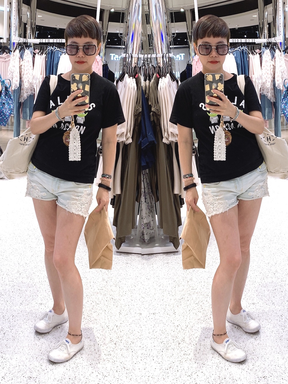 「summer style」｜「no brandのアイテム（デニムパンツ、ブルー系）」を使った、Jessie Wuさん（レディース・156cm）の夏コーディネートの1枚目の写真