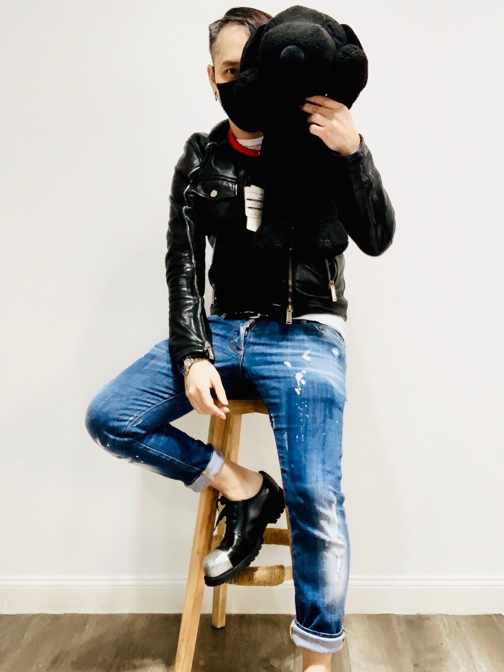 「休日スタイル、お洒落さんとつながりたい、オトナカジュアル、シャツスタイル、DSQUARED2、UNDERGROUND、leather jacket、biker leather jacket」｜「DSQUARED2のアイテム（ライダースジャケット、ブラック系）」を使った、Alexizさん（メンズ・170cm）の夏コーディネートの1枚目の写真