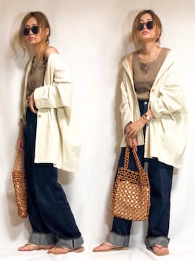 「リネンシャツ」｜「アイテム（ノーカラージャケット）」を使った、nyaobuさん（レディース・164cm）の夏コーディネート