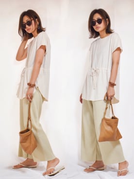 「リブニットパンツ」｜「アイテム（サンダル）」を使った、nyaobuさん（レディース・165cm）の夏コーディネート