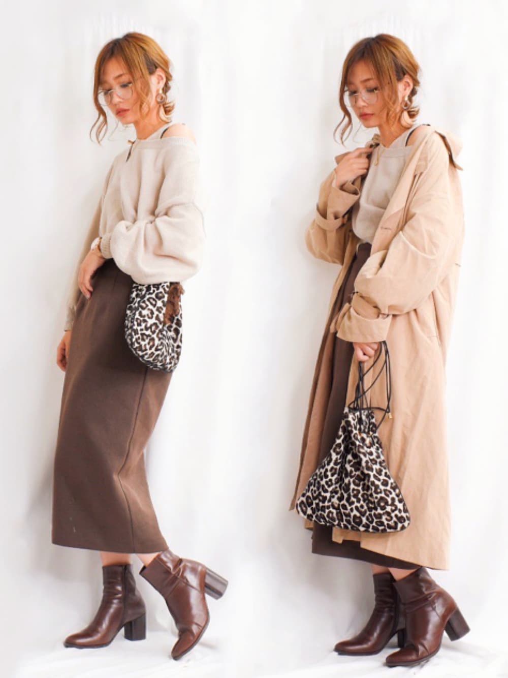 ベージュ系のニット/セーター、ブラウン系のスカート、ブラウン系のブーツを着用したレディースの秋コーディネートの1枚目の写真