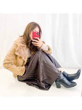 「レザースカート」｜「アイテム（ムートンコート）」を使った、nyaobuさん（レディース・164cm）の秋コーディネート