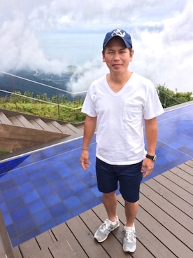 「muta（ムータ）のアイテム（キャップ）」を使った、だか村さん（メンズ・169cm）の夏コーディネート