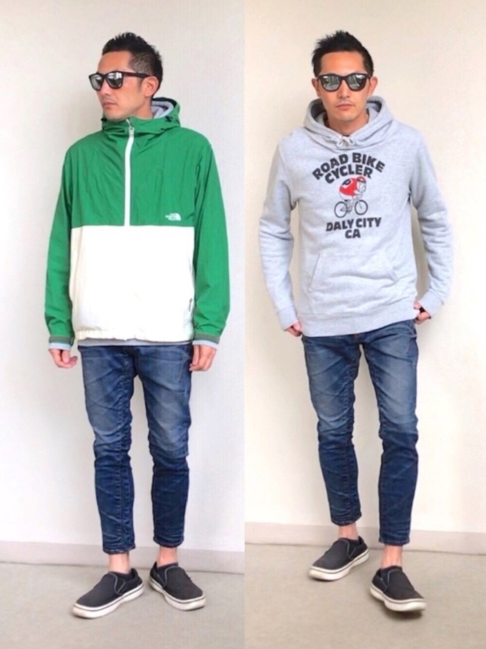 グリーン系のマウンテンパーカー、グレー系のパーカー、ブルー系のデニムパンツを着用したメンズの春コーディネートの1枚目の写真