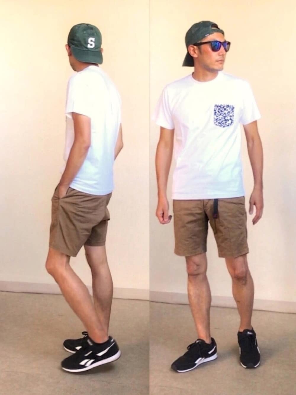 ホワイト系のTシャツ/カットソー、ベージュ系のその他パンツ、ブラック系のスニーカーを着用したメンズの夏コーディネートの1枚目の写真