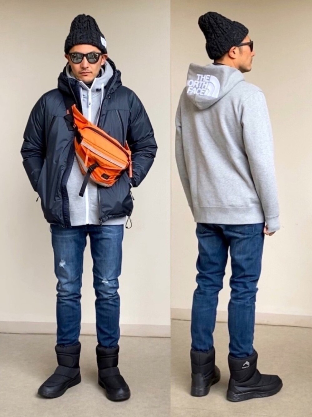 ブルー系のダウンジャケット/コート、グレー系のパーカー、ブルー系のTシャツ/カットソーを着用したメンズの冬コーディネートの1枚目の写真