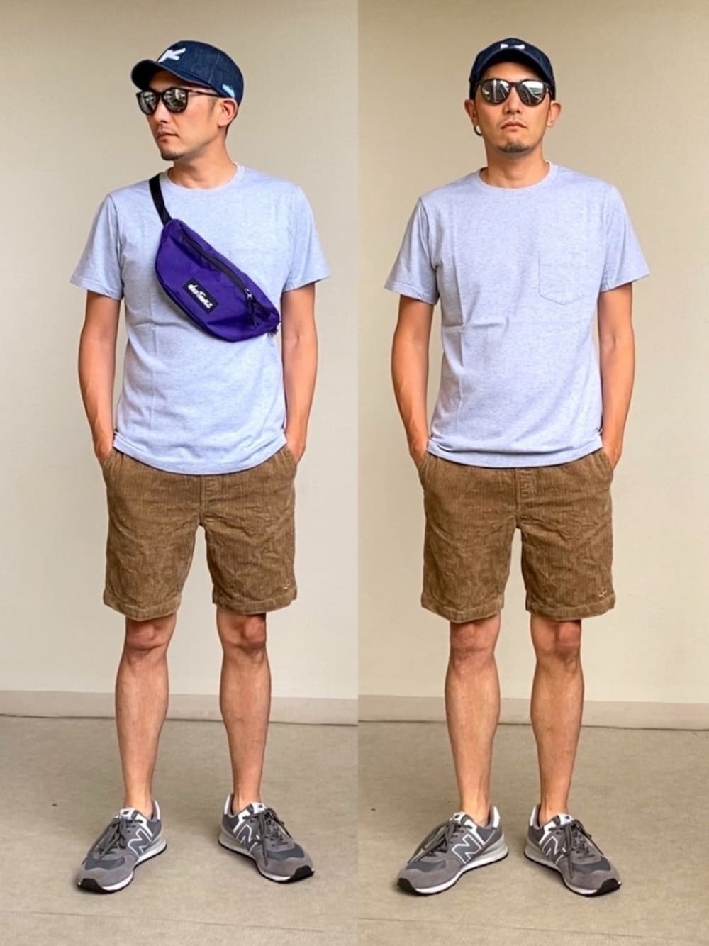 「サングラス、デニムキャップ、ポケットＴシャツ、コーデュロイショーツ、スニーカー、ボディバッグ、無地党、夏、プチプラ、ショートパンツ」｜「KAVUの【KAVU】ベースボールキャップ（キャップ、ブルー系）」を使った、Kさんさん（メンズ・173cm）の夏コーディネートの1枚目の写真