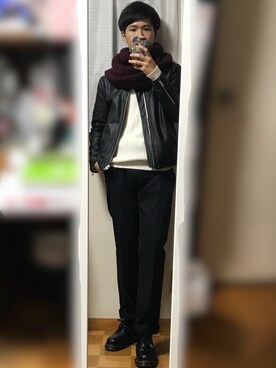 「ワインレッド」｜「アイテム（ライダースジャケット）」を使った、tomoさん（メンズ・170cm）の冬コーディネート