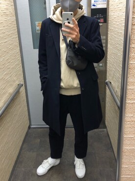 「TAKEO KIKUCHI（タケオキクチ）のアイテム（チェスターコート）」を使った、これしきさん（メンズ・177cm）の冬コーディネート