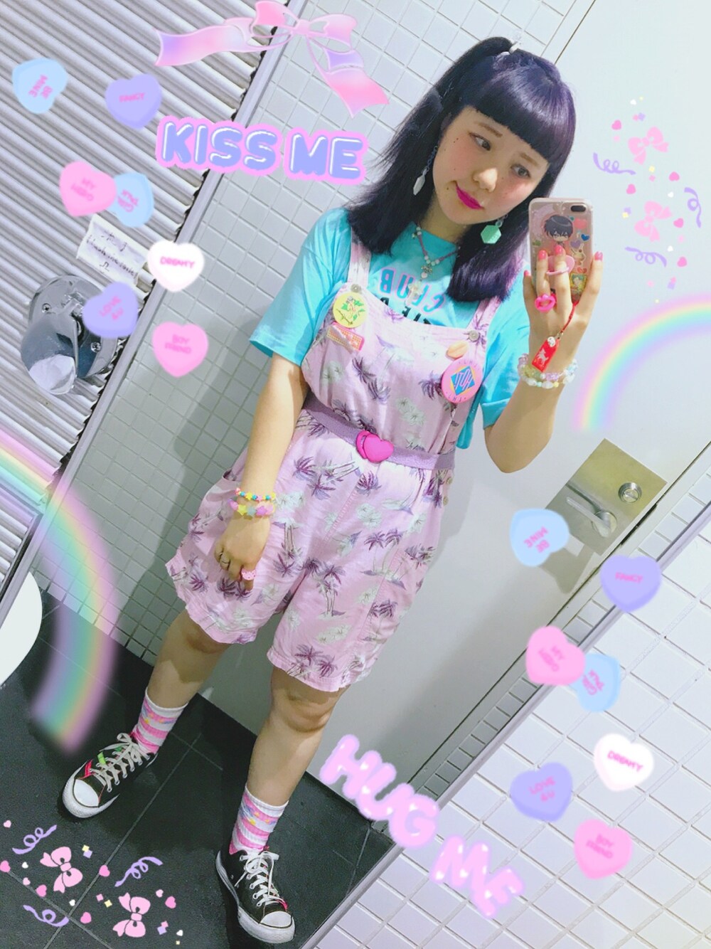 「ファンシー、fancy、kidsfashion、KIDSｺｰﾃﾞ、キッズコーデ、アメリカンキッズ、サロペット、ピンク、古着、used」｜「usedのアイテム（サロペット/オーバーオール、ピンク系）」を使った、♡URARA♡さん（レディース・160cm）の夏コーディネートの1枚目の写真
