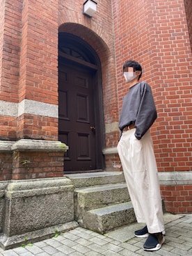 「epnok（エプノック）のボリュームスリーブロンＴ（Tシャツ/カットソー、グレー系）」を使った、Tatsuyaさん（メンズ・186cm）の秋コーディネート