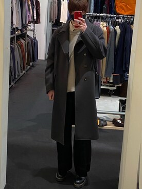 「LIDNM（リドム）のSUPER140S OFFICER COAT（チェスターコート、ブラック系）」を使った、Tatsuyaさん（メンズ・186cm）の冬コーディネート