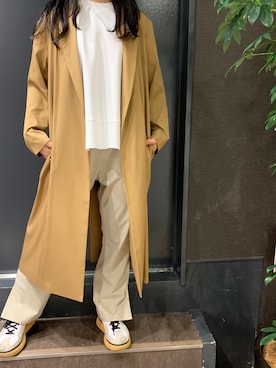 「ロングジャケット」｜「アイテム（ステンカラーコート）」を使った、岡田さん（レディース・160cm）の夏コーディネート