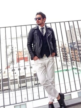 ライダースジャケットを使った 白パンツ のメンズ人気ファッションコーディネート 年齢 40歳 44歳 Wear