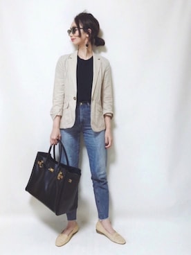 「AZUL by moussy（アズールバイマウジー）のｶｯﾄｵﾌﾎﾞｰｲﾌｨｯﾄﾃﾞﾆﾑﾊﾟﾝﾂ（デニムパンツ）」を使った、TOMOKAさん（レディース・162cm）の春コーディネート