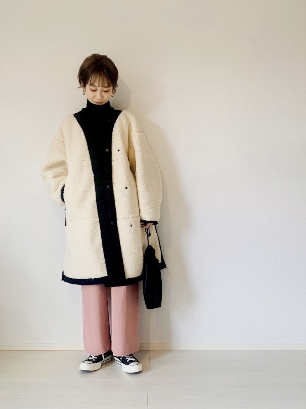 1629◆DRESSLAVEドレスレイブ ボア×ナイロンノーカラーロングコート 1629◇DRESSLAVEドレスレイブ ボア×ナイロンノーカラーロングコート