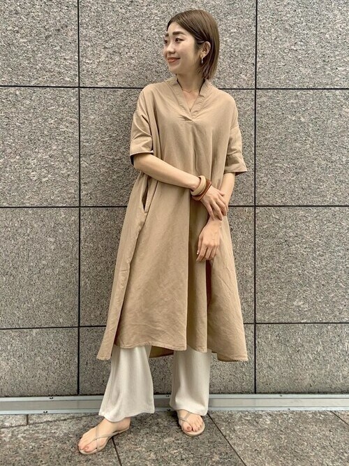 【 】シンプル Vネック キャップスリーブ ワンピース ワンピース Vネックギャザーフレアニットワンピース「低身長