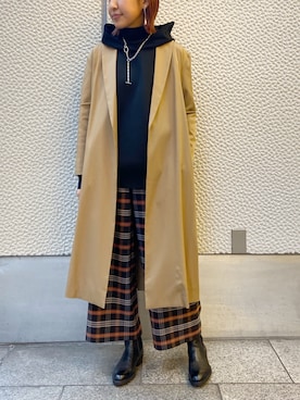 「ロングジャケット」｜「アイテム（ステンカラーコート）」を使った、YUKI IKEGAMIさん（レディース・165cm）の秋コーディネート