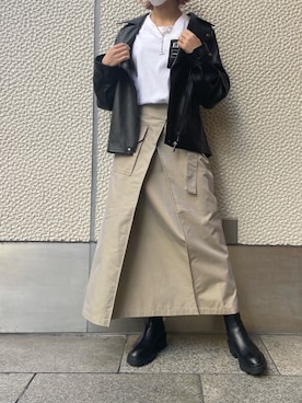 「ラップスカート」｜「アイテム（ライダースジャケット）」を使った、YUKI IKEGAMIさん（レディース・165cm）の冬コーディネート