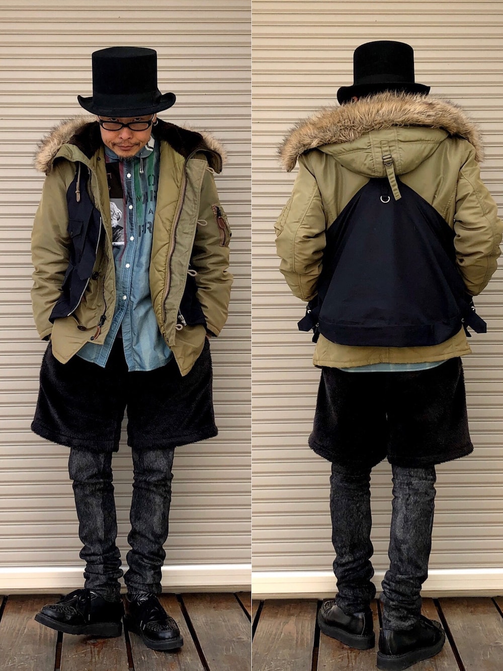 ブルー系のシャツ/ブラウス、ブラック系のその他パンツ、ブラック系のその他シューズを着用したメンズの冬コーディネートの1枚目の写真