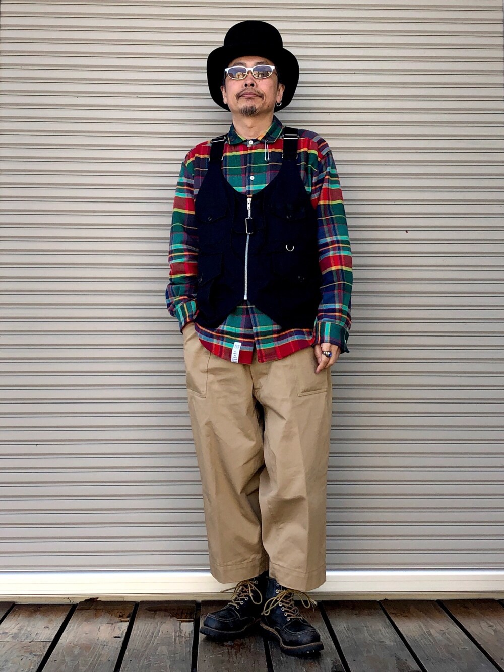 「ネルシャツ、チェックシャツ、エンジニアパンツ、ハンターベスト」｜「t.n.A.f.t.のネルシャツ（シャツ/ブラウス、その他）」を使った、pyuta369さん（メンズ・168cm）の冬コーディネートの1枚目の写真