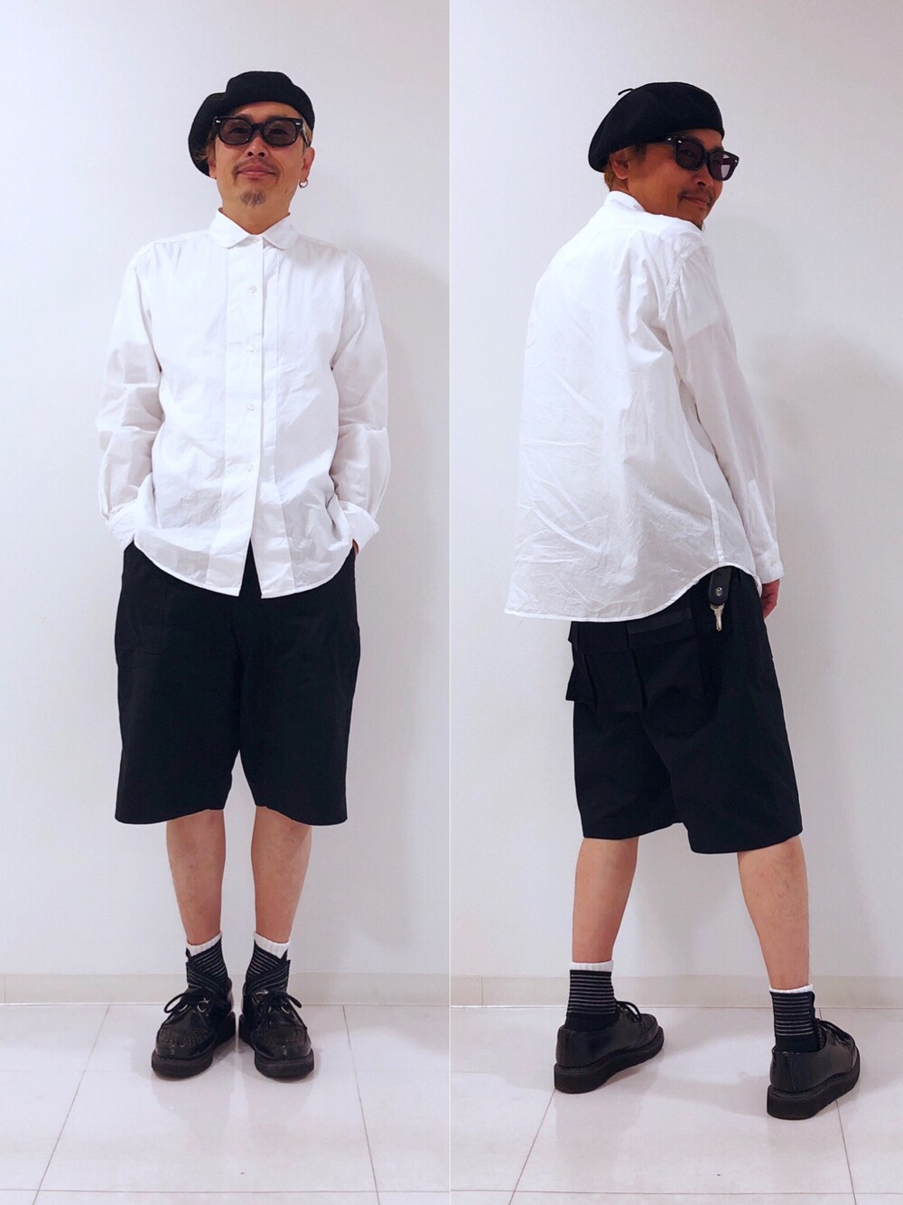 ブラック系のチノパンツ、ホワイト系のシャツ/ブラウス、ブラック系のその他シューズを着用したメンズの春コーディネートの1枚目の写真