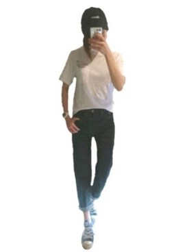 「MOUSSY（マウジー）のJW OW Tapered（デニムパンツ、ブルー系）」を使った、みーやんさん（レディース・153cm）の夏コーディネート