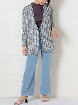 「ブルーコーデ」｜「アイテム（ノーカラージャケット）」を使った、nol kawanoさん（レディース・162cm）の冬コーディネート