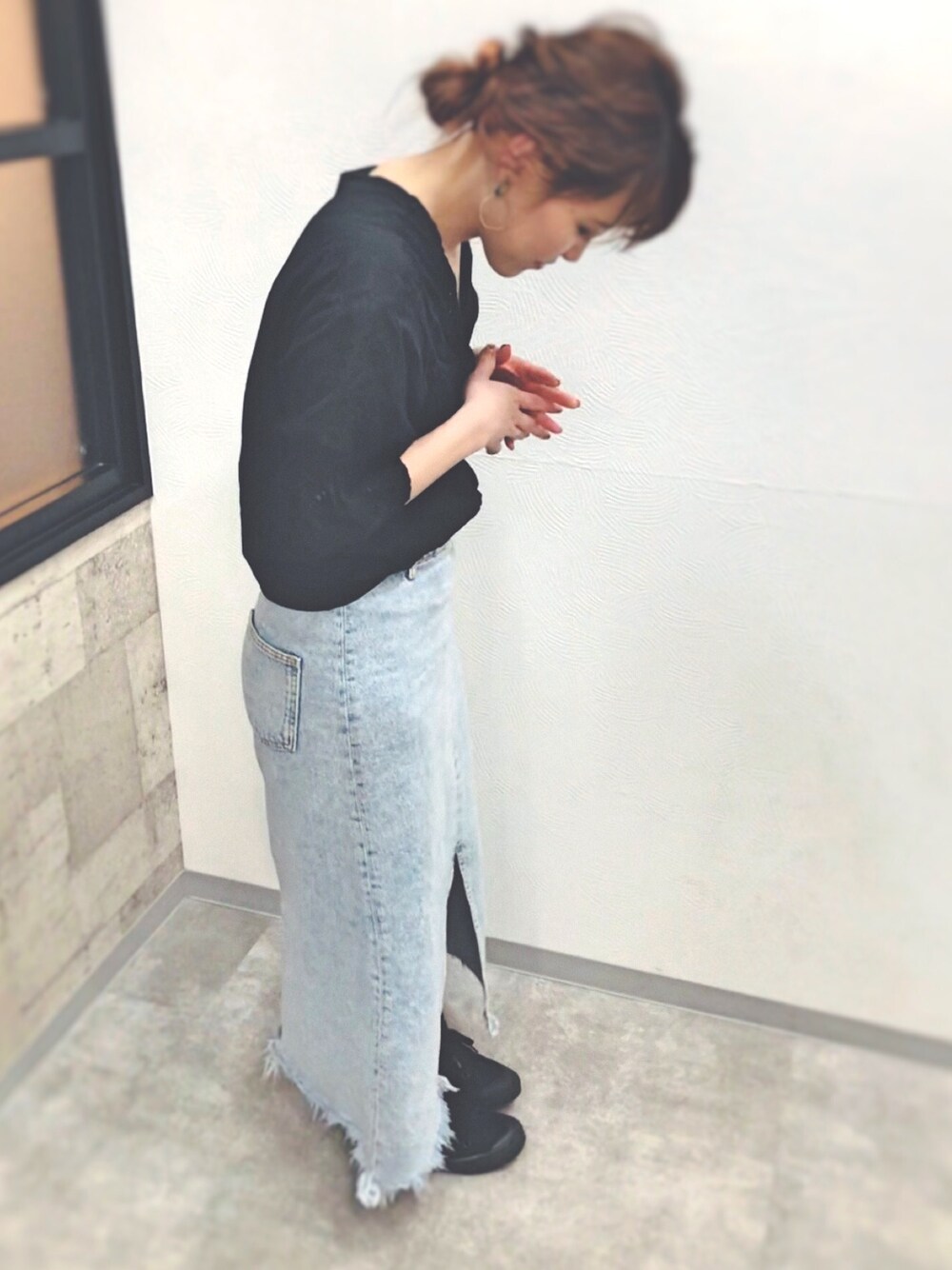 「クォート、美容師、四ツ橋、quoit、quoit eyelash、quoit エステ」｜「ZARAのアイテム（デニムスカート、ブルー系）」を使った、mihoさん（レディース・158cm）の夏コーディネートの1枚目の写真