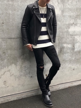 「ボーダーニット」｜「アイテム（ライダースジャケット）」を使った、yuhiさん（メンズ・185cm）の春コーディネート