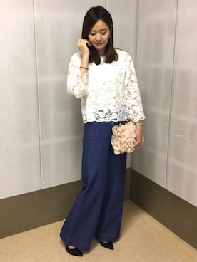 「Doux archives（ドゥアルシーヴ）の編み上げワイドデニムパンツ（デニムパンツ、ブルー系）」を使った、SAEさん（レディース・167cm）の冬コーディネート