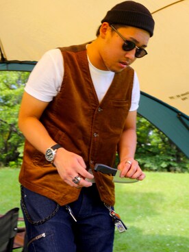 「no brand（ノーブランド）のアイテム（Tシャツ/カットソー、ブラウン系）」を使った、naさん（メンズ・170cm）の夏コーディネート