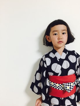 「apres les cours（アプレレクール）の女の子ドット柄浴衣セット（浴衣、ブルー系）」を使った、tsugumonさん（キッズ・132cm）の夏コーディネート
