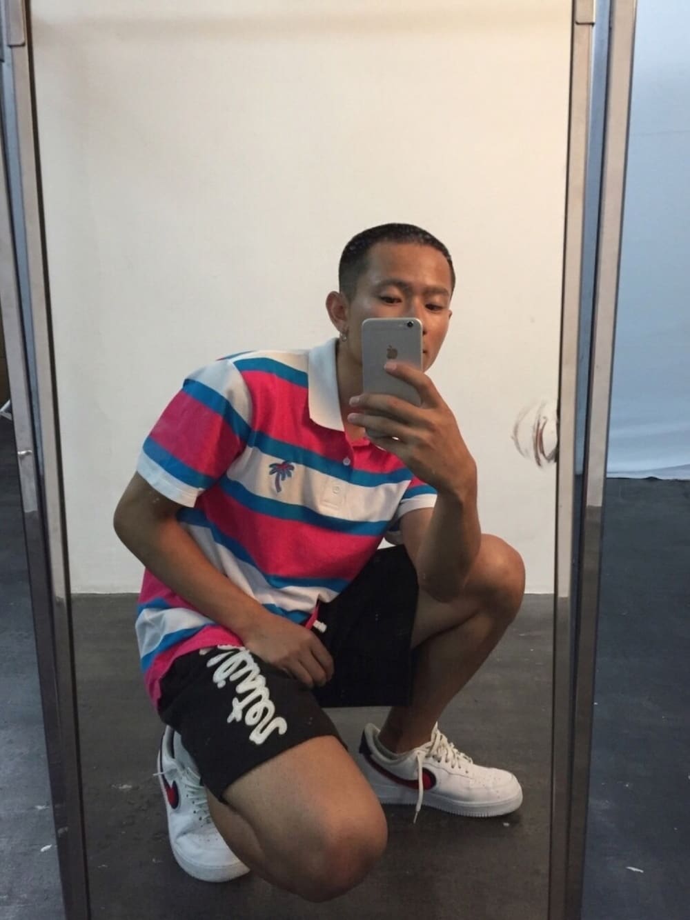「ポロシャツ、FOREVER 21、HOLLISTER、NIKE、airforce1、坊主、夏、フォローミー、おしゃれさんと繋がりたい、夏のボーダーフェス」｜「FOREVER 21のアイテム（ポロシャツ、ピンク系）」を使った、つみきさん（メンズ・170cm）の夏コーディネートの1枚目の写真