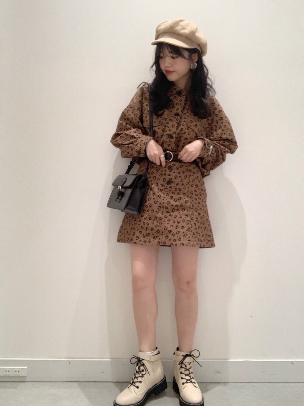 「レオパード、キャスケット、へザー、ブラウンコーデ、ブラウン」｜「Heatherのムジガラシャツジャケット　852574（その他アウター、ブラウン系）」を使った、yukiさん（レディース・154cm）の秋コーディネートの1枚目の写真