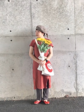 「ひまわり」｜「アイテム（ハンチング/ベレー帽）」を使った、asameさん（レディース・153cm）の夏コーディネート