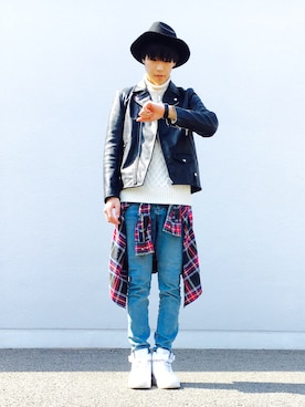 「EDWIN（エドウィン）のアイテム（ライダースジャケット）」を使った、Motoakiさん（メンズ・180cm）の春コーディネート