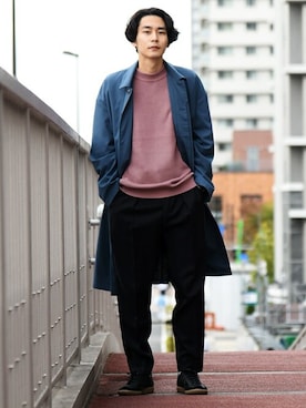 「アイテム（ステンカラーコート、ブルー系）」を使った、中山さん（メンズ・177cm）の冬コーディネート