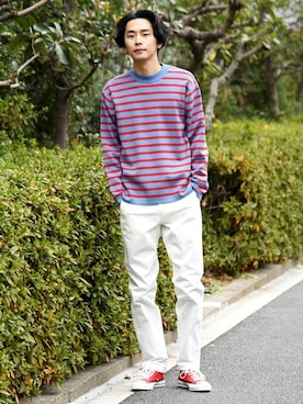 「ボーダーニット」｜「アイテム（チノパンツ）」を使った、中山さん（メンズ・177cm）の冬コーディネート