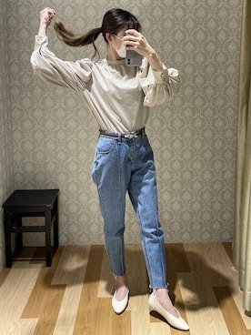 「Sugar spoon（シュガースプーン）の・SUGAR SPOON センターラインデニムパンツ＊（デニムパンツ、ブルー系）」を使った、hinacoさん（レディース・163cm）の冬コーディネート