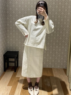 「Green　Parks（グリーンパークス）のキャンパスタイトスカート（スカート、ホワイト系）」を使った、hinacoさん（レディース・163cm）の冬コーディネート